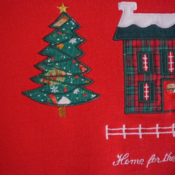VTG Joyeuses Fêtes Red Ugly Christmas Sweatshirt Trees Cabin Holiday M - Picture 8 of 10